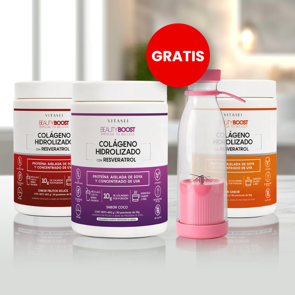 Kit x3 Colágeno Hidrolizado con Resveratrol, Biotina sabor coco, frutos rojos y sin sabor - Fórmula con base de soya libre de edulcorantes 450gr - GRATIS licuadora