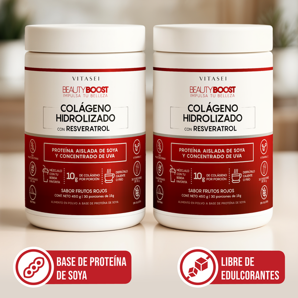 Kit x2 Colágeno Hidrolizado con Resveratrol, Biotina y Vitamina C con sabor Frutos Rojos - Fórmula con base de soya libre de edulcorantes 450gr