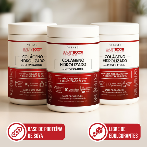 Kit x3 Colágeno Hidrolizado con Resveratrol, Biotina y Vitamina C con sabor Frutos Rojos - Fórmula con base de soya libre de edulcorantes 450gr