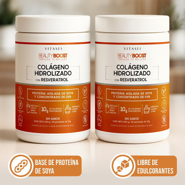 Kit x2 Colágeno Hidrolizado con Resveratrol, Biotina y Vitamina C Sin Sabor - Fórmula con base de soya libre de edulcorantes 450gr