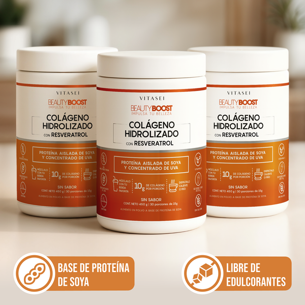 Kit x3 Colágeno Hidrolizado con Resveratrol, Biotina y Vitamina C Sin Sabor - Fórmula con base de soya libre de edulcorantes 450gr