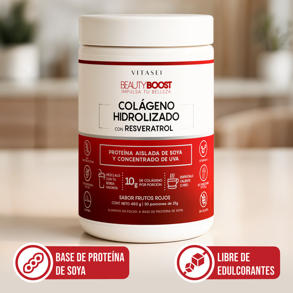 Colágeno Hidrolizado con Resveratrol, Biotina y Vitamina C con sabor Frutos Rojos - Fórmula con base de soya libre de edulcorantes 450gr