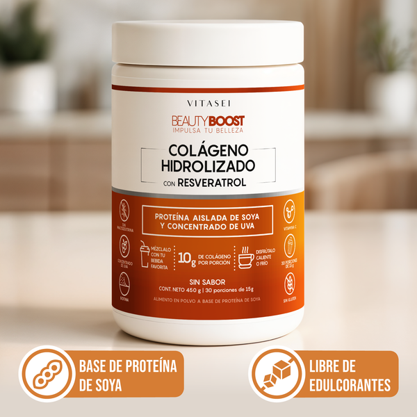 Colágeno Hidrolizado con Resveratrol, Biotina y Vitamina C Sin Sabor - Fórmula con base de soya libre de edulcorantes 450gr