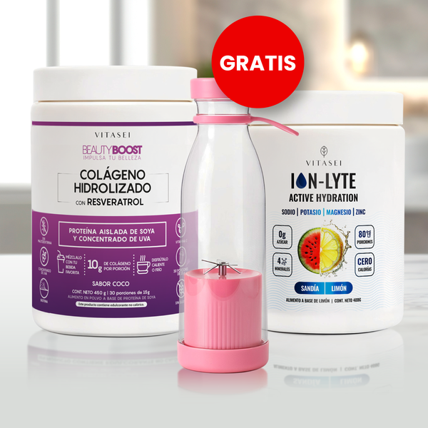 kit Colágeno Hidrolizado con Resveratrol, Biotina sabor Coco a base de soya libre de edulcorantes + electrolitos Ion-Lyte GRATIS Licuadora