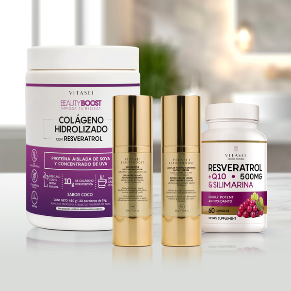 Kit de Sérums Faciales Día y Noche + Colágeno Hidrolizado con Resveratrol y Vitamina C, Sabor Coco, Sin Azúcar + Cápsulas de resveratrol con Coenzima Q10 y Silimarina