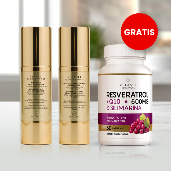 Kit de Sérums Faciales Día y Noche con Células Madre Vegetales + GRATIS Cápsulas de resveratrol con Coenzima Q10 y Silimarina