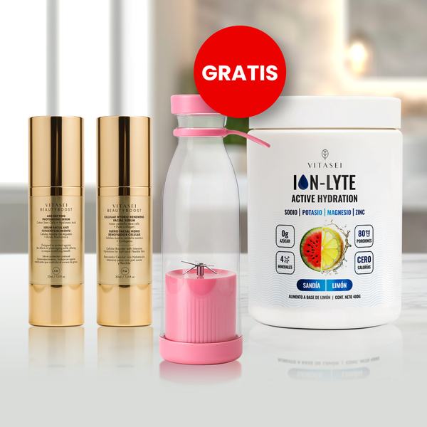 Kit de Sérums Faciales Día y Noche con Células Madre Vegetales + Hidratante Ion-Lyte con electrolitos sabor sandía-limón GRATIS Licuadora