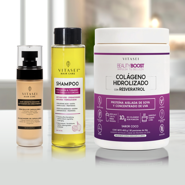 Kit Activador Capilar con Células Madre + Shampoo de cebolla con cúrcuma, queratina y ácido hialurónico + Colágeno Hidrolizado Sabor Coco