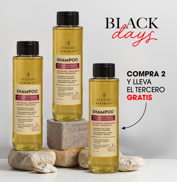Pack x3 Shampoo  (Paga 2 y el 3ro es GRATIS) de Cebolla con Cúrcuma, Queratina y Ácido Hialurónico